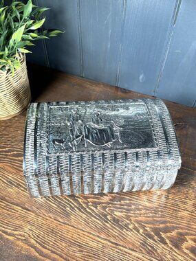 Vintage Japanese Silver Tone Jewelry Box, Cast Metal Victorian Scene Trinket Box